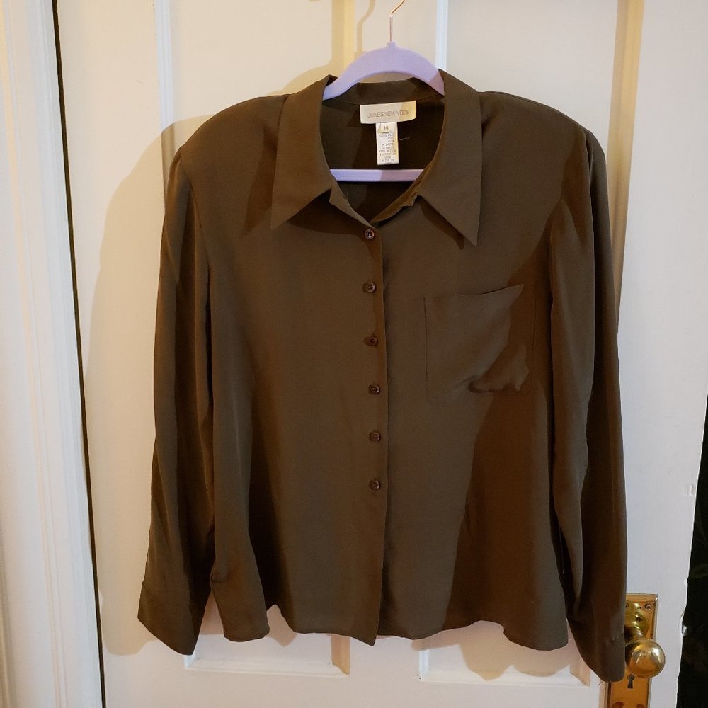 Olive Silk Button Down Shirt by Jones New York EUC